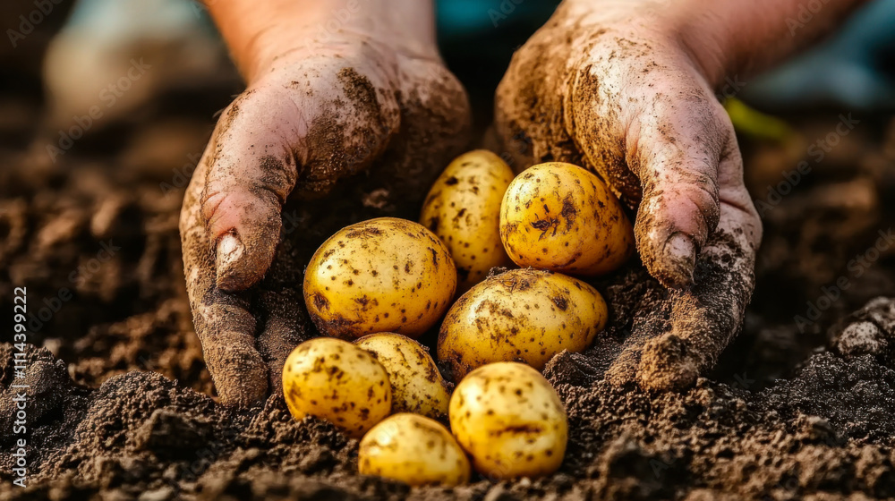 Hands of man picking up potatoes from soil Hands of man picking up potatoes from soil