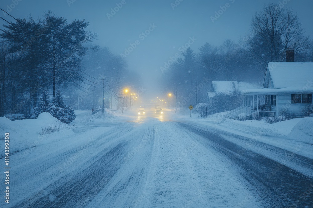 Obraz premium Snow-covered streets during a winter blizzard at twilight with minimal visibility