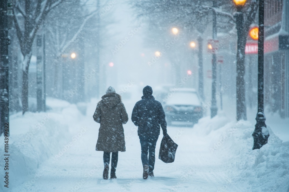 Walking through a winter blizzard with heavy snowfall in a quiet urban street Walking through a winter blizzard with heavy snowfall in a quiet urban street