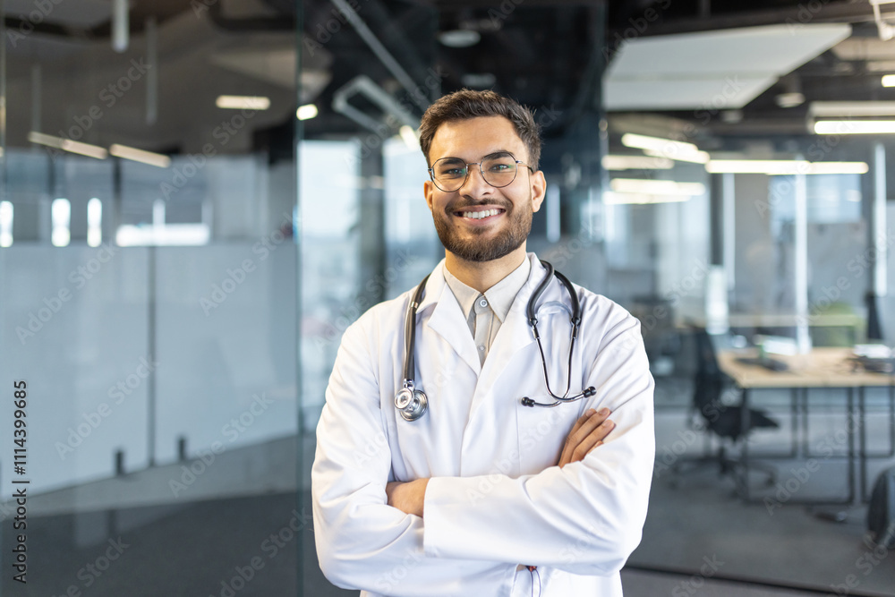 Portrait of a confident male doctor standing with arms crossed in a modern and professional office setting. The physician wears a white coat and stethoscope, exuding expertise and assurance. Portrait of a confident male doctor standing with arms crossed in a modern and professional office setting. The physician wears a white coat and stethoscope, exuding expertise and assurance.