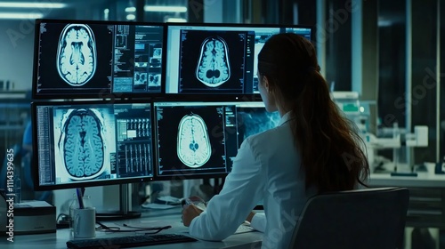 Female doctor reviewing brain scans on multiple monitors in a modern medical facility.