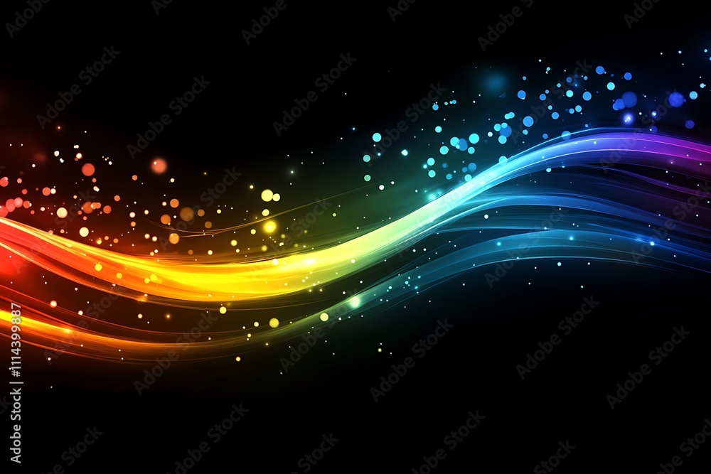 Obraz premium Vibrant rainbow light wave streaks on black background.