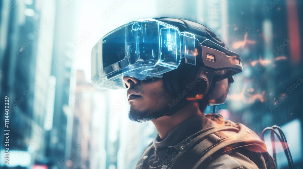 Double exposure photography of close up VR gamer and the beautiful sci-fi city, technology, headset, virtual, device, future, futuristic, modern, digital. Double exposure photography of close up VR gamer and the beautiful sci-fi city, technology, headset, virtual, device, future, futuristic, modern, digital.