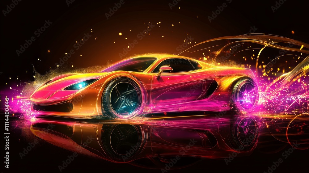Fiery sports car speeding, glowing trails, dark background, reflection. Fiery sports car speeding, glowing trails, dark background, reflection.