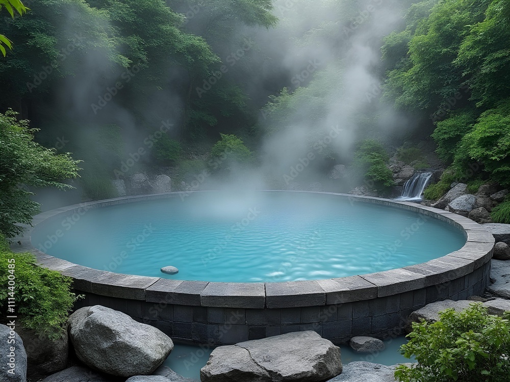 Outdoor hot spring with green trees in the surrounding Outdoor hot spring with green trees in the surrounding