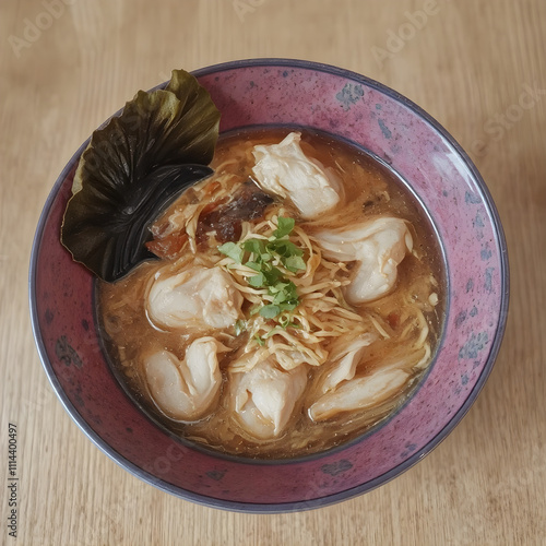 Una lindo plato violeta que contiene bastante ramen picante