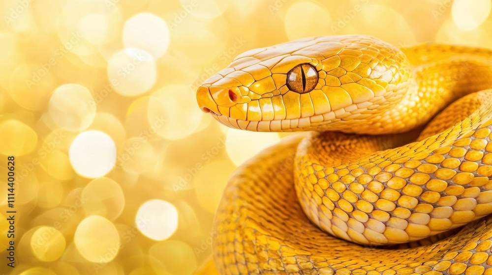 Fototapeta premium A golden snake glistens against a shimmering background, showcasing its unique scales and striking eyes.