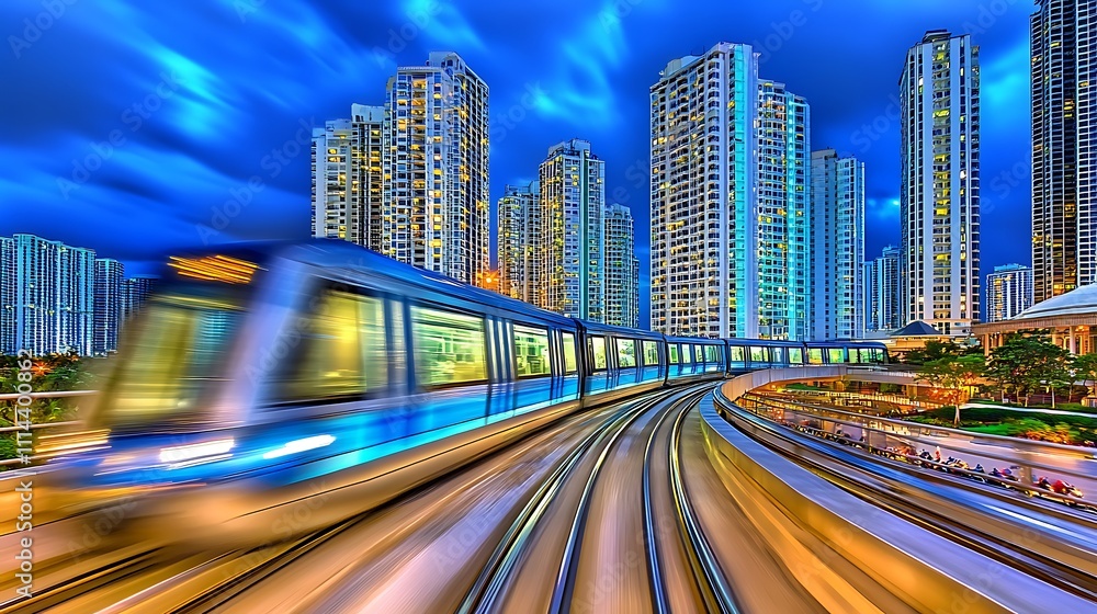 Modern City Train Speeds Through Urban Skyline At Night Modern City Train Speeds Through Urban Skyline At Night