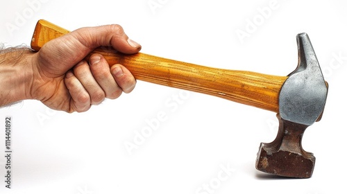 A person holds a hammer with a wooden handle, ready for use photo