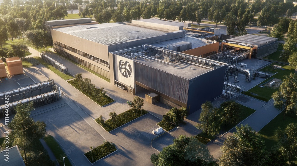 Obraz premium Modern industrial facility with expansive layout and green surroundings in a sunny environment