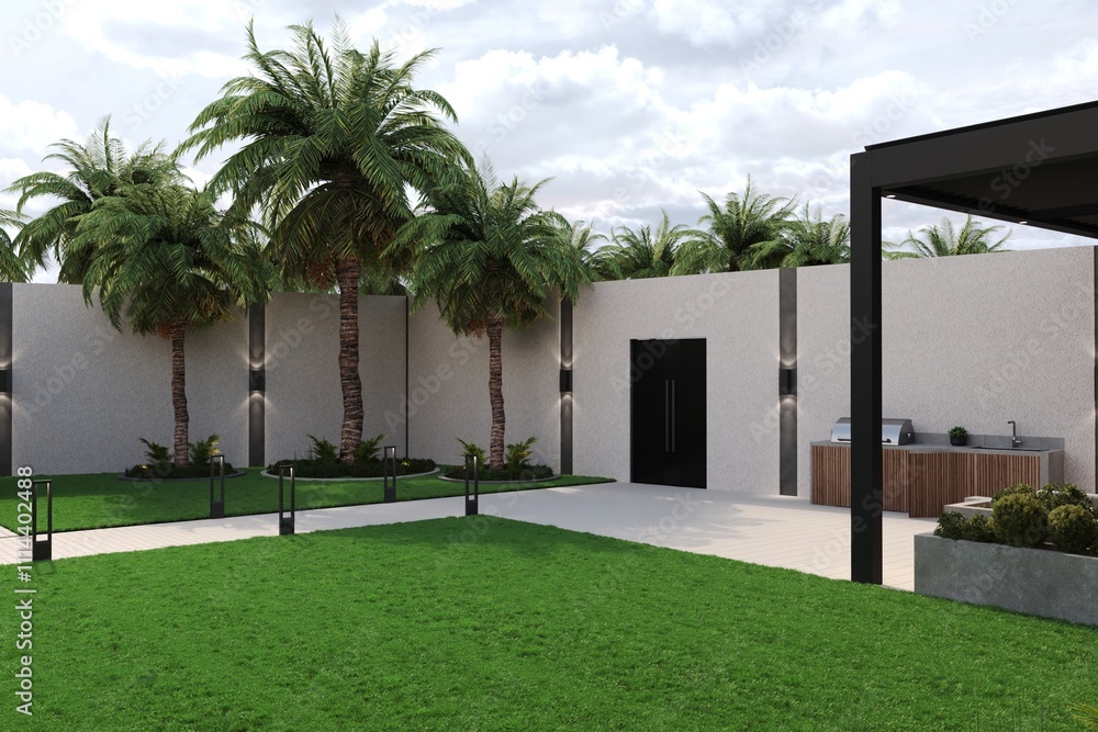 Fototapeta premium The villa has an outdoor yard, landscape, and pergola.
