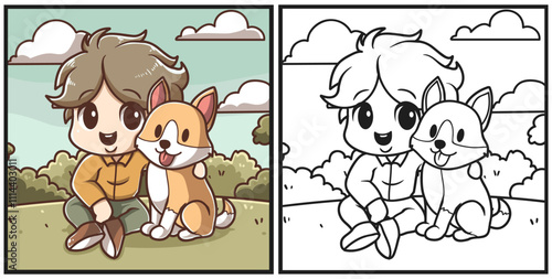 Boy with fox character coloring page illustration