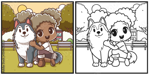 Girl with husky siberia character coloring page illustration