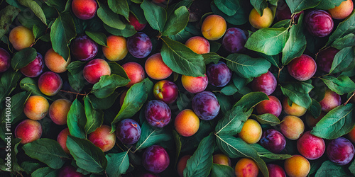 Ripe Fresh Plums with Vibrant Leaves on Tree Branches photo