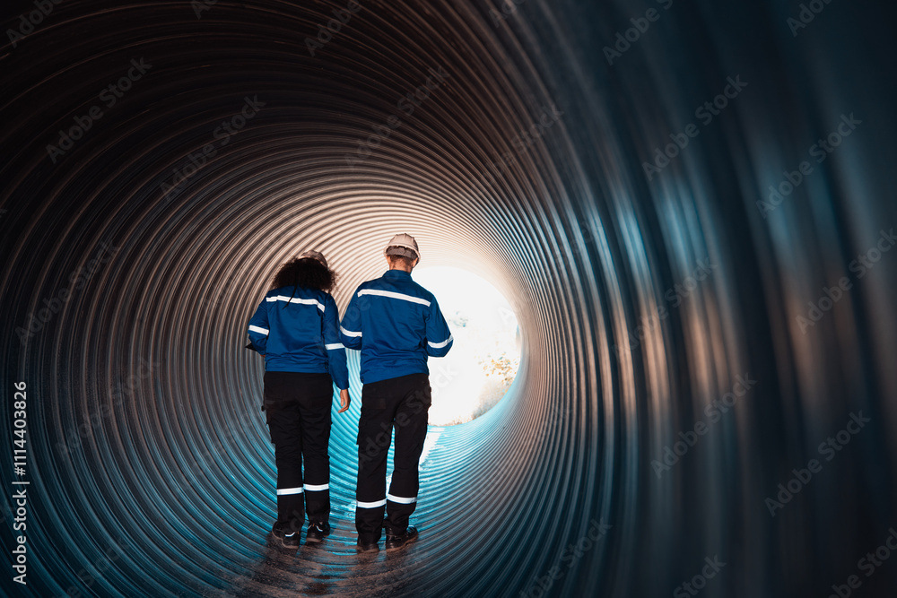 custom made wallpaper toronto digitalWorkers inside a big steel pipe building a pipeline for oil, gas, and fuel at an industrial site.
