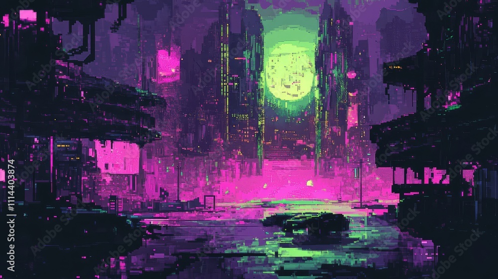 Abstract neon pixel art with glitching elements in neon purple, green, and pink, creating a chaotic and futuristic feel Abstract neon pixel art with glitching elements in neon purple, green, and pink, creating a chaotic and futuristic feel