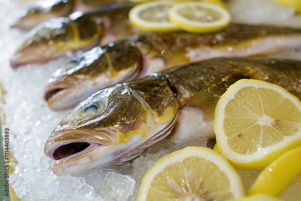 A group of fish sit on top of ice next to lemon slices, perfect for a winter-themed commercial or social media post A group of fish sit on top of ice next to lemon slices, perfect for a winter-themed commercial or social media post