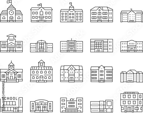 building school exterior modern icons set vector. facade kid, public high, campus brick, student education, college, outside building school exterior modern black contour illustrations
