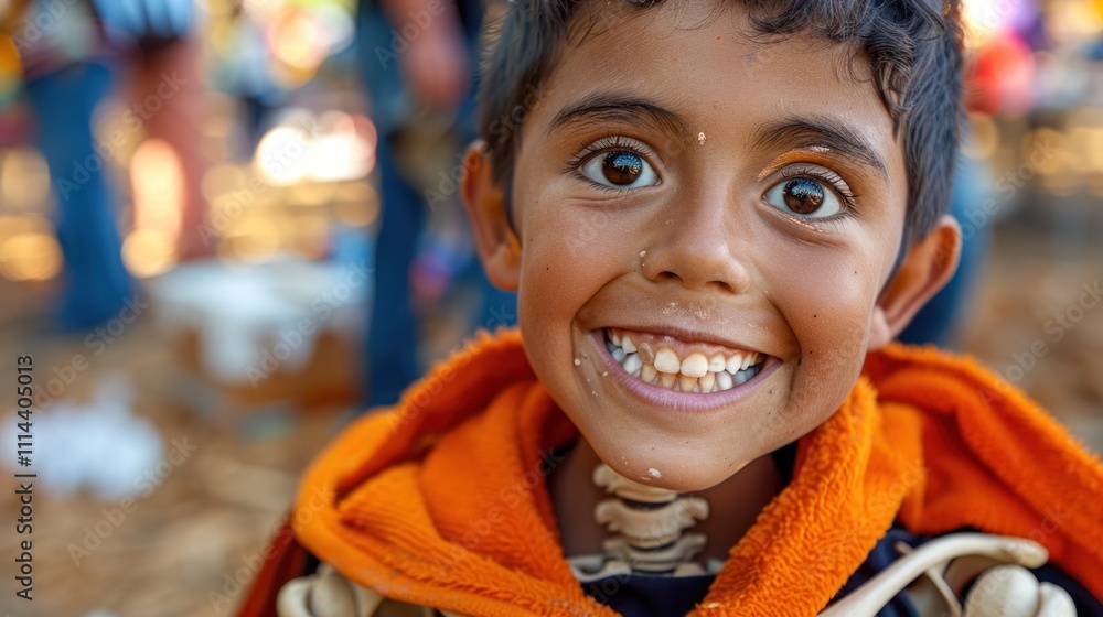 Smiling child in a skeleton costume, closeup portrait. Smiling child in a skeleton costume, closeup portrait.