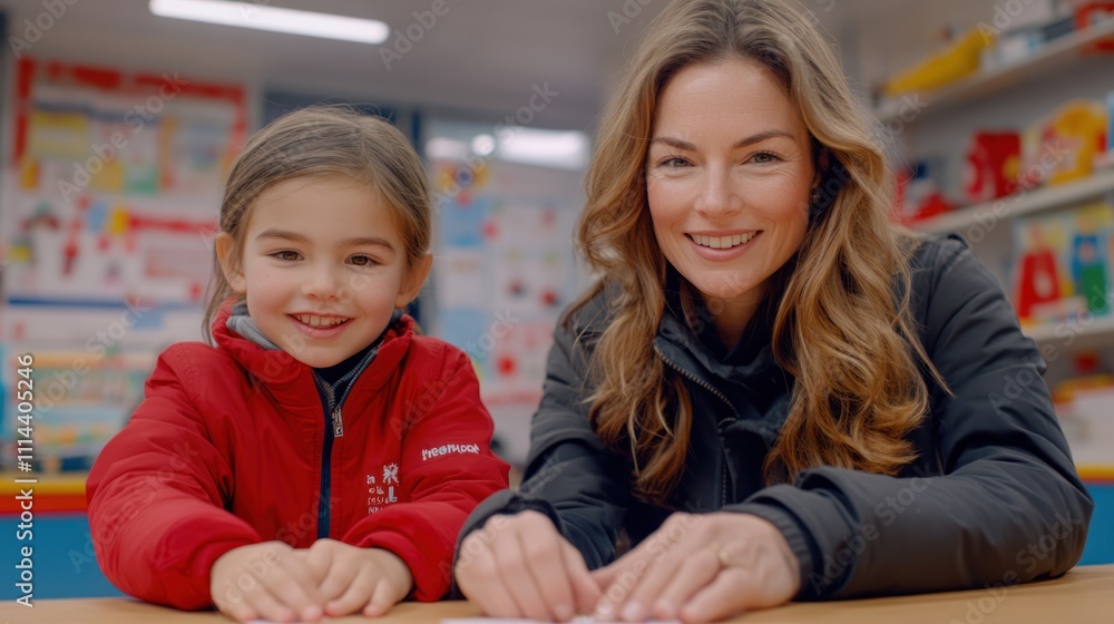 Smiling teacher and student engaging in activity at preschool. Smiling teacher and student engaging in activity at preschool.