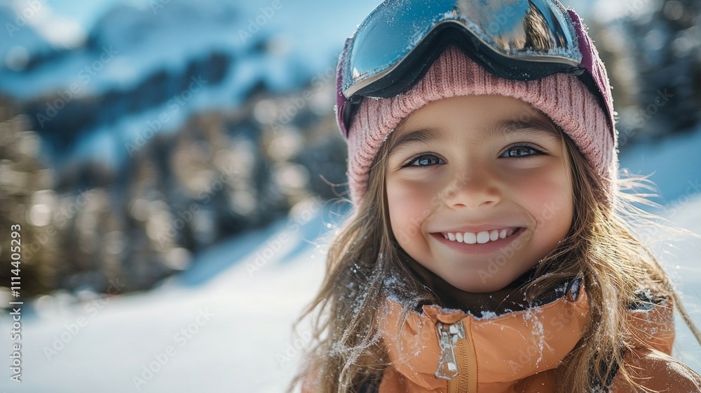 Portrait of a cheerful hispanic girl wearing ski goggles and smiling on a snowy mountain slope in a winter sports resort
