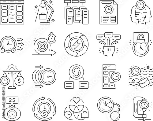 time management clock work icons set vector. business office, watch hourglass, timer calendar, schedule laptop, computer sand time management clock work black contour illustrations