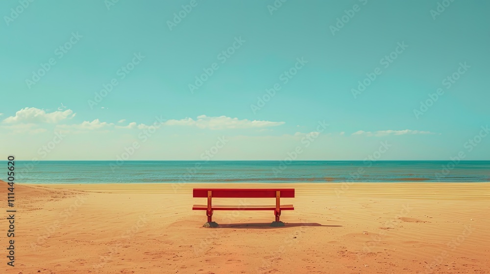 Red Bench on Sandy Beach Under Blue Sky Red Bench on Sandy Beach Under Blue Sky