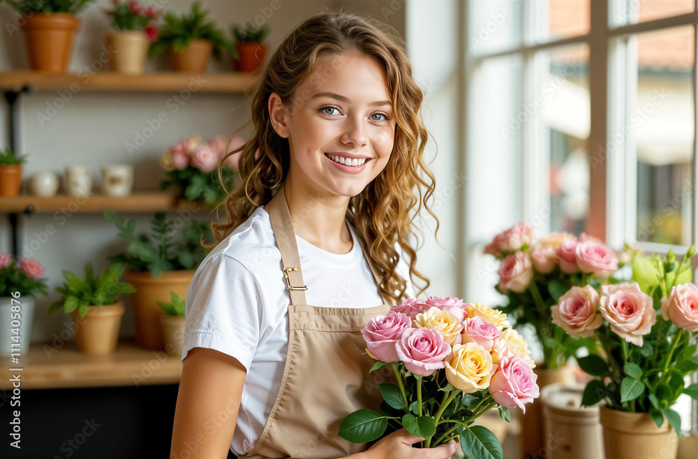 Caucasian curly florist girl looking at camera and smiling. Realistic illustration. Caucasian curly florist girl looking at camera and smiling. Realistic illustration.