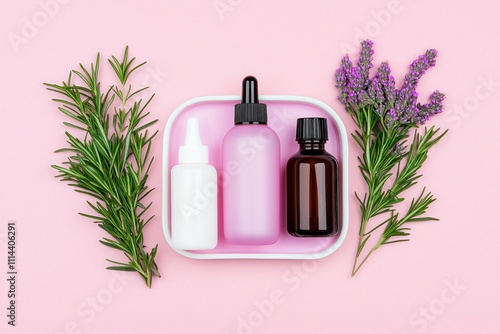 Aromatherapy Bottles with Fresh Herbs on Pink Background for Natural Skincare Products
