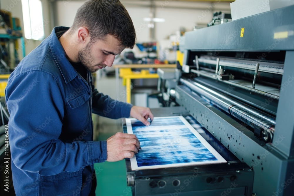 A worker prints on machinery in a factory setting A worker prints on machinery in a factory setting