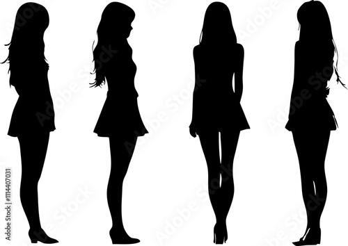 Four vector silhouettes of young women posing wearing short skirts, isolated on a white background