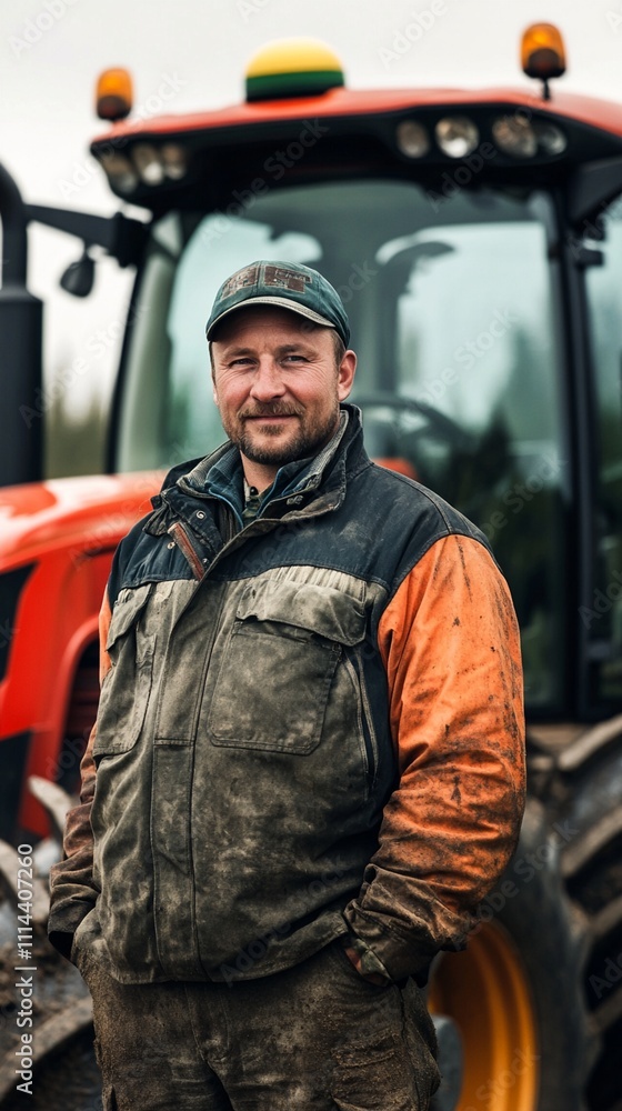 Rural farmer stands confidently in front of a large, modern tractor, highlighting the connection between traditional farming practices and advanced agricultural machinery. Rural farmer stands confidently in front of a large, modern tractor, highlighting the connection between traditional farming practices and advanced agricultural machinery.