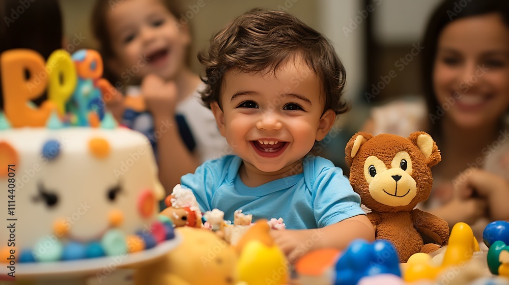 Fototapeta premium A baby is sitting at a table with a birthday cake and a stuffed animal