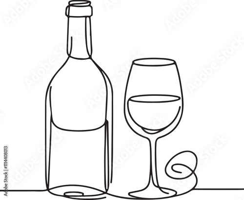 Line Drawing Art Minimalist Bottle, Glass, Wine & Liquor Beverage Illustration