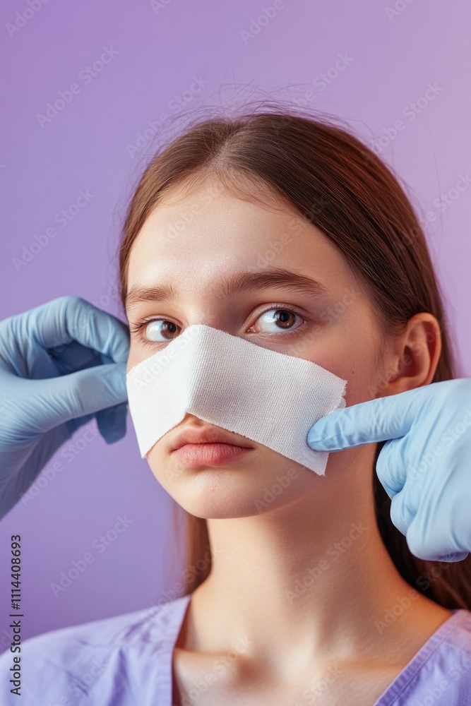 A person with a bandaged face, likely injured or recovering from an accident A person with a bandaged face, likely injured or recovering from an accident