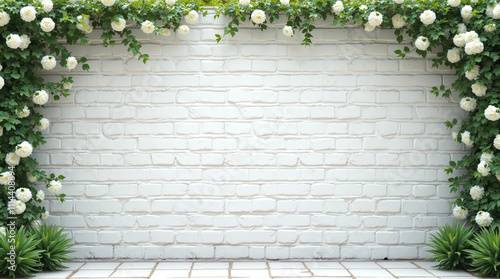 White brick wall background with plants and flowers framing it photo