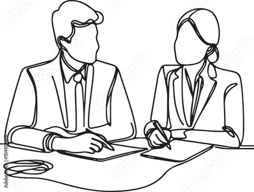Line Drawing of Businessman and Businesswoman in Discussion at the Table