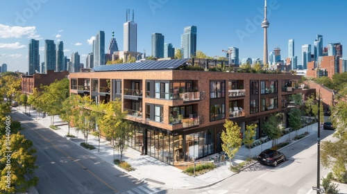 Aerial View of a Modern Urban Loft in Toronto, Featuring Contemporary Architecture and Scenic Cityscape with Greenery and Sunlight