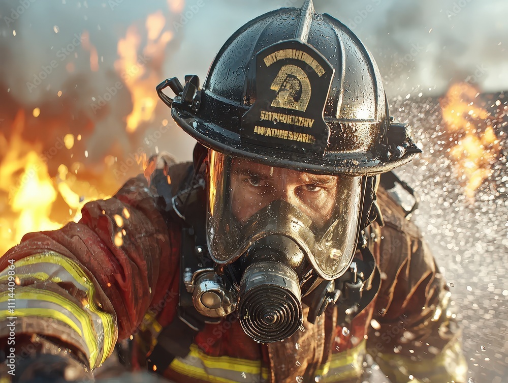 Intense Close-Up Shot of a Firefighter's Hand Gripping a Hose Amidst Blazing Flames in an Emergency Scene Intense Close-Up Shot of a Firefighter's Hand Gripping a Hose Amidst Blazing Flames in an Emergency Scene