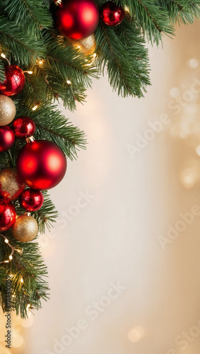 Vertical Christmas Ornament Wallpaper Backdrop with Pine Needles and Red and Gold Baubles, with Blank Space Background for Marketing 