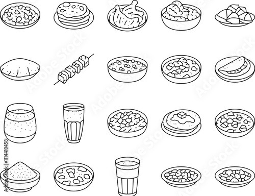 indian cuisine food curry icons set vector. restaurant india, masala chicken, asian tikka, rice traditional, paneer, dish indian cuisine food curry black contour illustrations