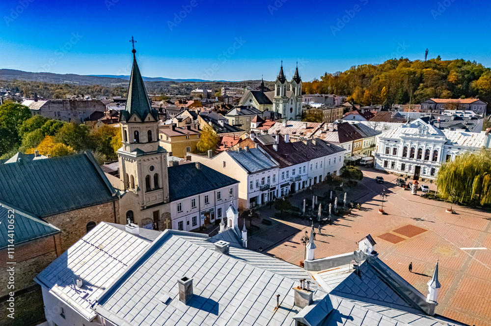 Obraz premium Aerial view of the city of Sanok in Bieszczady Mountains, Poland