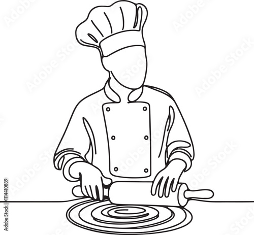 Line Drawing of Chef Rolling Pizza Dough with Wooden Rolling Pin - Bakery Art Illustration