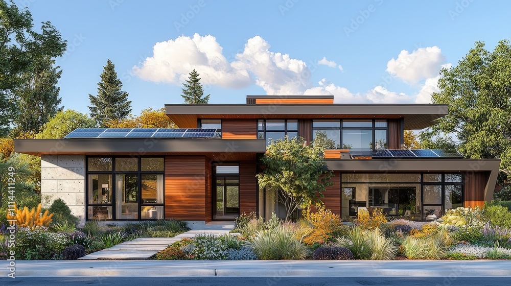 Modern Flat Roofed House in an Urban Setting with Sustainable Features and Lush Landscaping Under Bright Sunlight, Showcasing Eco-Friendly Design and Aesthetic Appeal Modern Flat Roofed House in an Urban Setting with Sustainable Features and Lush Landscaping Under Bright Sunlight, Showcasing Eco-Friendly Design and Aesthetic Appeal