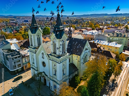 Fototapeta Naklejka Na Ścianę i Meble -  Aerial view of the city of Sanok in Bieszczady Mountains, Poland