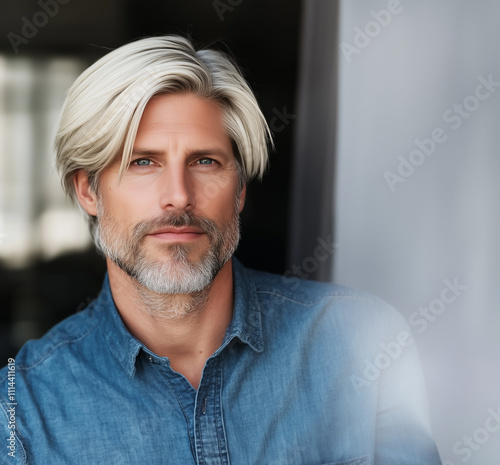 Gray hair mature 45-50 years atractive old man looking at camera