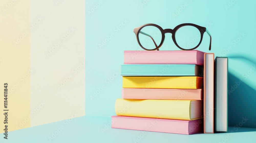Stack of Colorful Books with Glasses