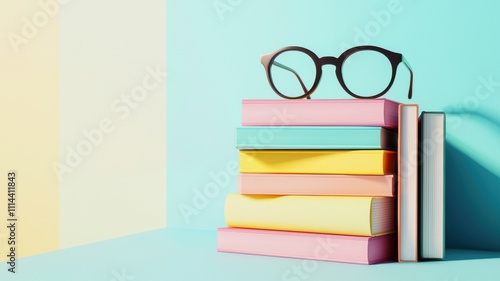 Obraz na płótnie Stack of Colorful Books with Glasses w salonie