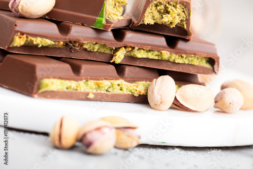 Photography Trend Dubai chocolate with pistachio paste and kataifi dough.