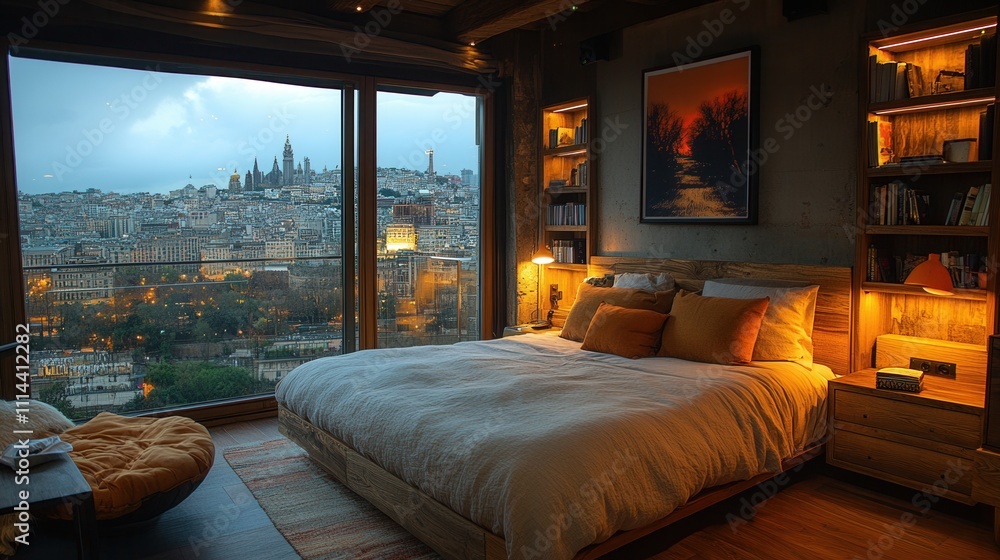 Cozy bedroom with stunning city view at dusk in urban setting Cozy bedroom with stunning city view at dusk in urban setting